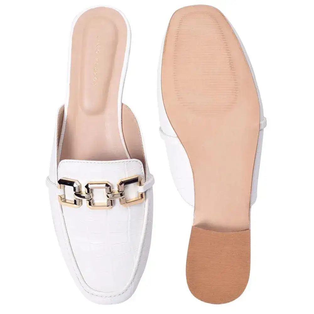 Ava Croco-Textured Chain Link White Flats - Image 7